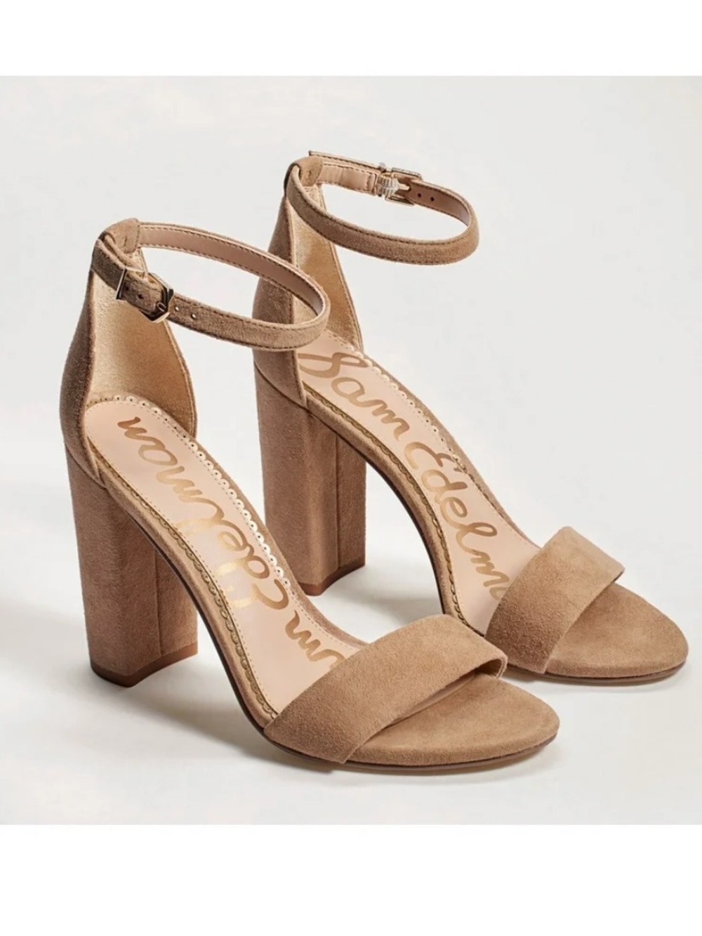 Sam Edelman Yaro Suede Nude Tan Ankle Strap 4” Block High Heels Sandals 8.5
